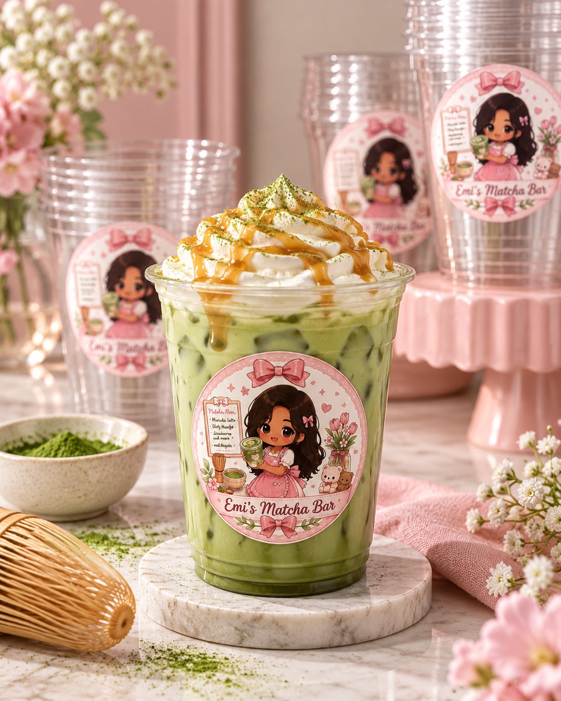 Iced matcha latte topped with whipped cream and caramel drizzle, in a cup with the Emi's Matcha Bar logo